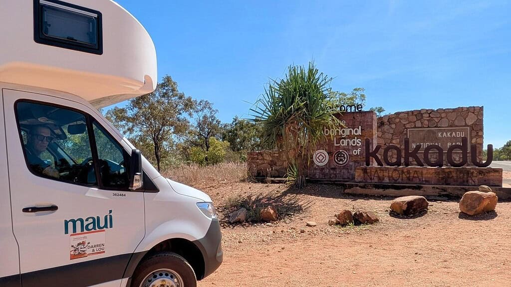 Motorhome at the Welcome to Kakadu National Park sign