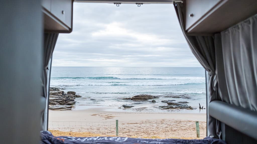 Beach view from a motorhome on the Adelaide to Melbourne coastal route