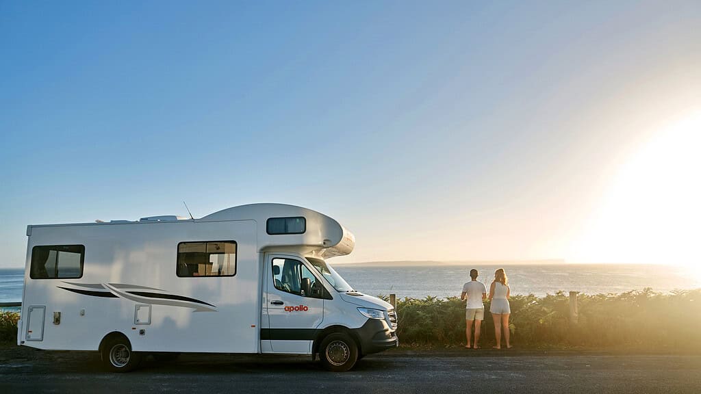 Apollo motorhome parked on a coastal lookout during an Australian road trip