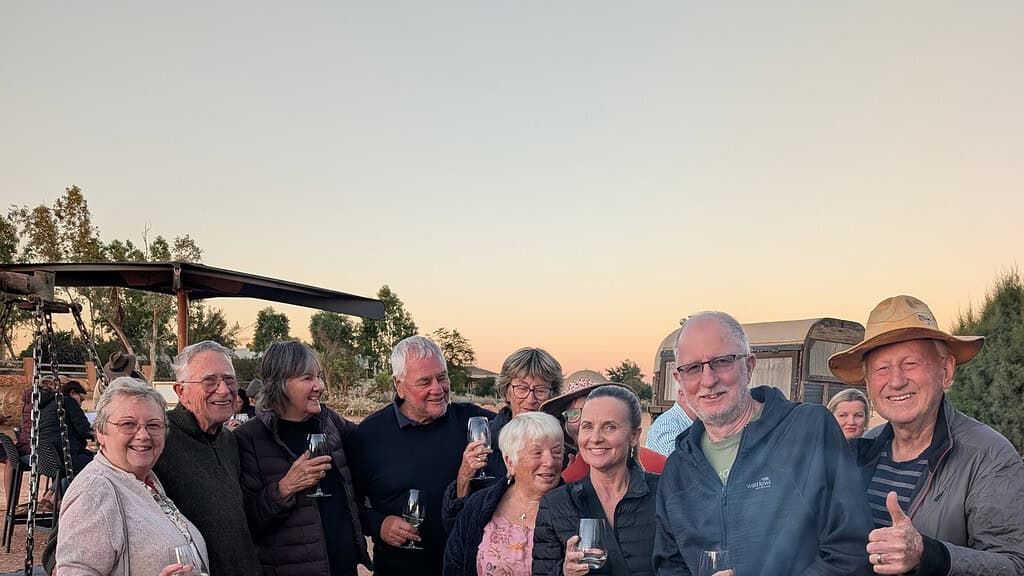 Happy hour around the fire pit on a Gallivanting Oz escorted motorhome tour