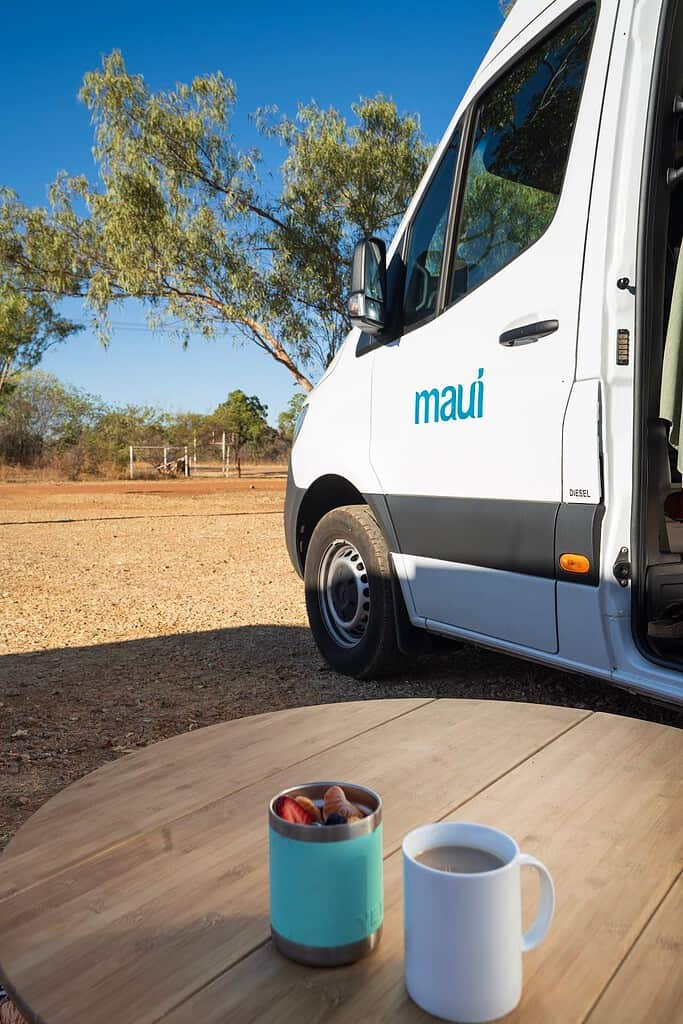 Maui campervan parked at an outback campsite at Daly Waters, Northern Territory