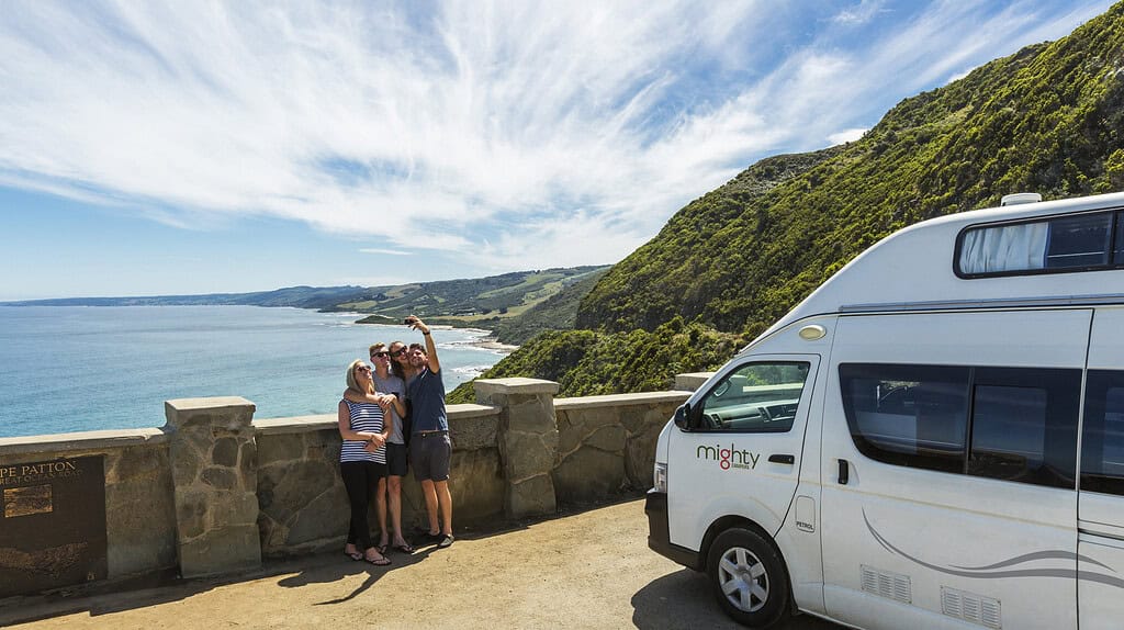 Friends with a Mighty campervan at Cape Patton on the Great Ocean Road