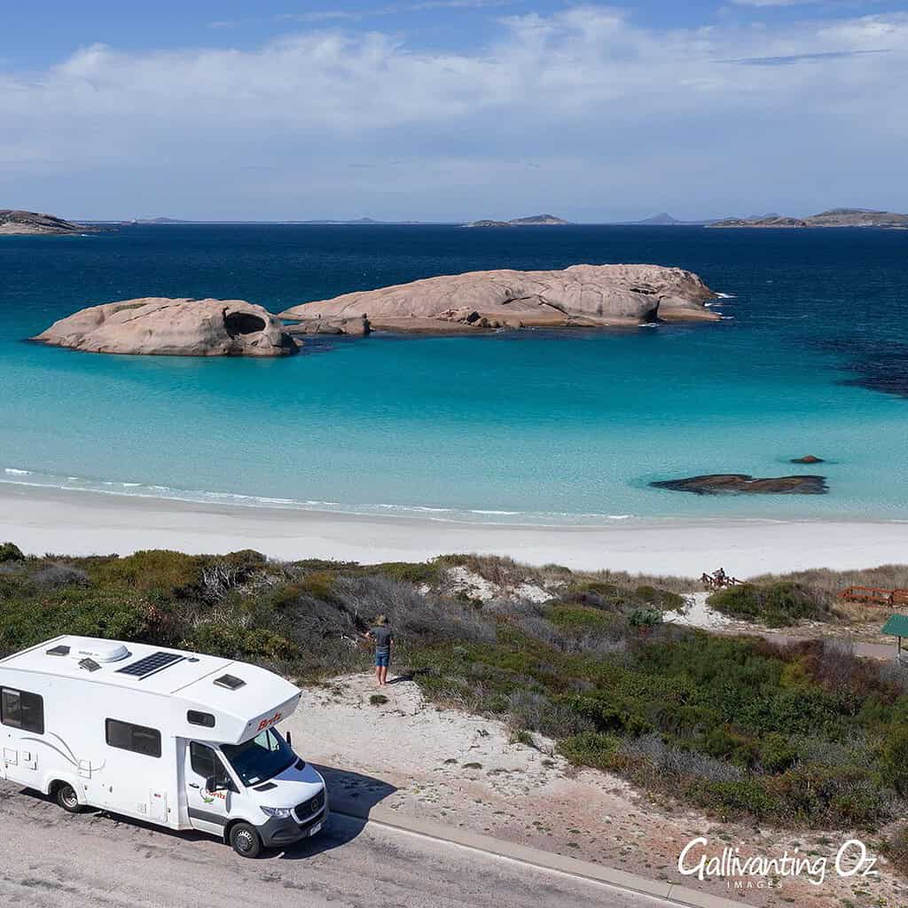 Motorhome parked at a coastal lookout above a white sand beach near Esperance, Western Australia