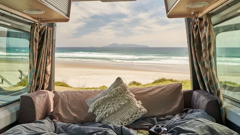 Coastal view from the bed of a hired motorhome in Australia