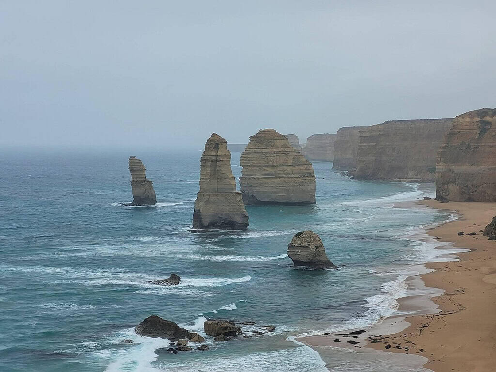 The Twelve Apostles rock stacks and beach on the Great Ocean Road, Victoria