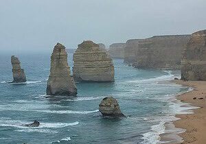 The Twelve Apostles rock stacks and beach on the Great Ocean Road, Victoria