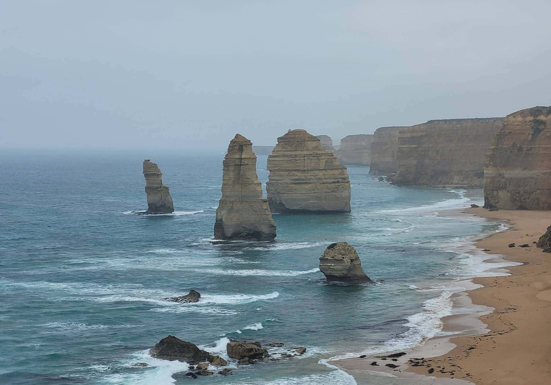 The Twelve Apostles rock stacks and beach on the Great Ocean Road, Victoria